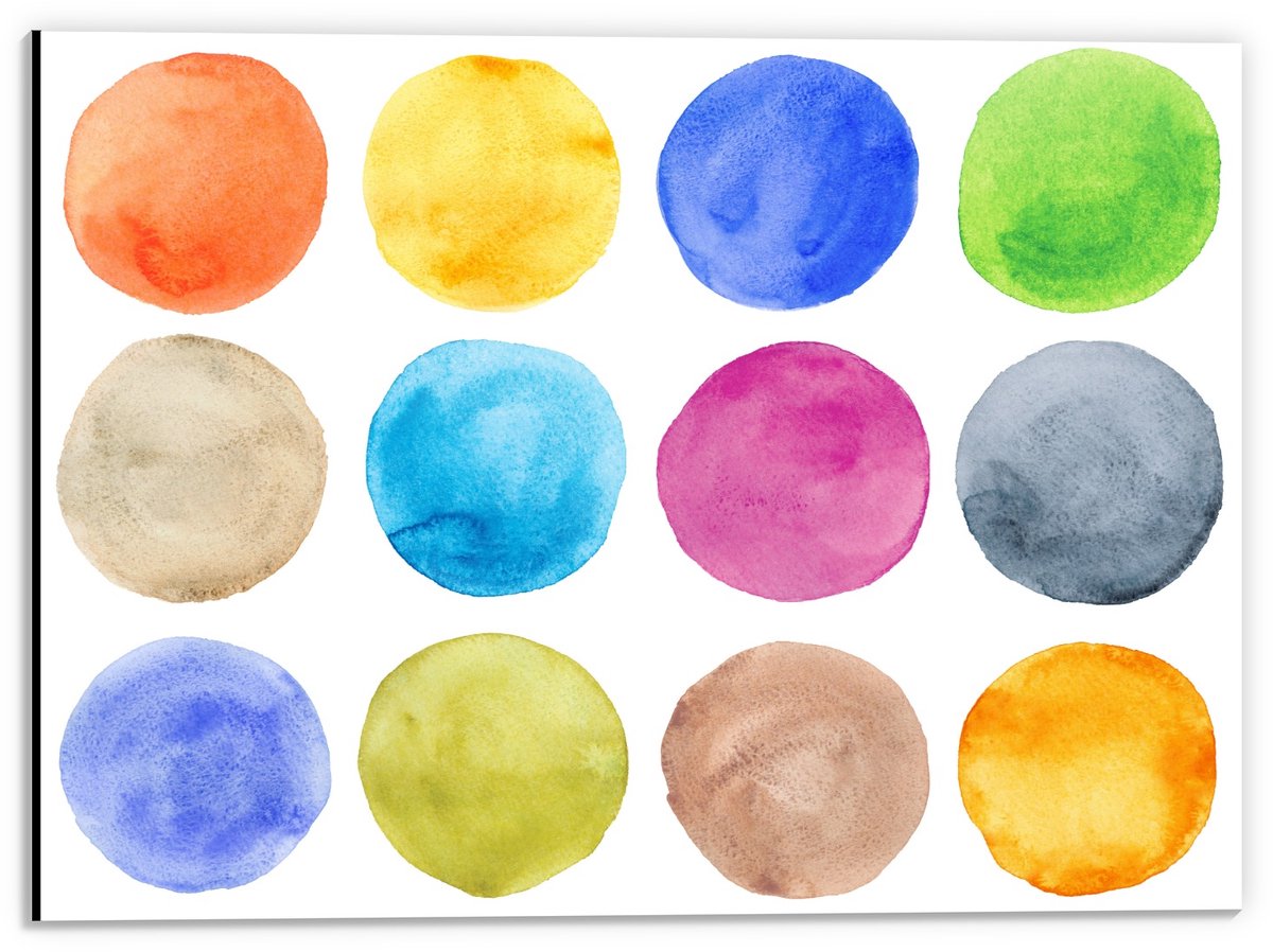 Dibond - Verschillende Kleuren Rondjes van Waterverf - 40x30cm Foto op Aluminium (Wanddecoratie van metaal)