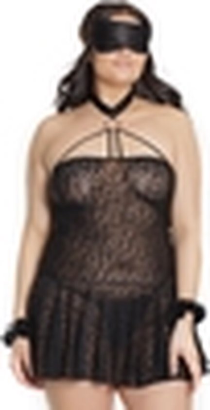Coquette (All) Luipaard Babydoll met Handboeien & Oogmasker - Plus Size black Queen Size