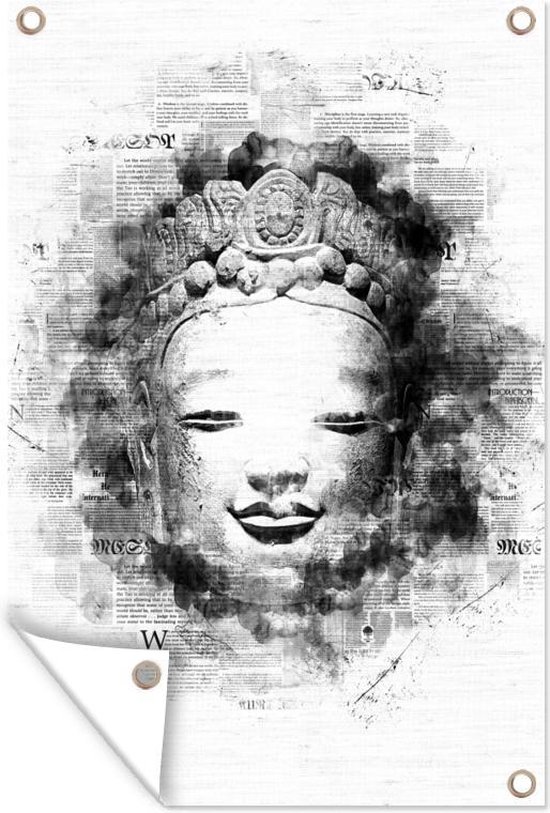 Tuinposter - Tuindoek - Tuinposters buiten - Illustratie van het hoofd van een Boeddha voor papier met tekst - zwart wit - 80x120 cm - Tuin