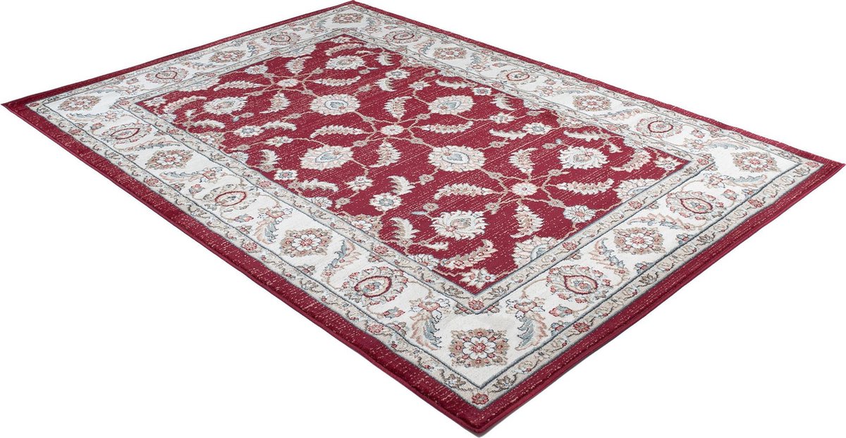 Tapiso Dubai Tapis Salon Chambre Crème Rouge Beige Clair Cadre Beige Fleurs  Classique