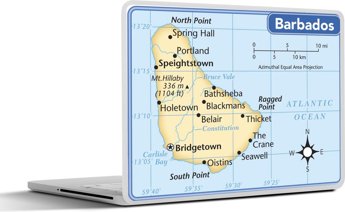 Afbeelding van product SleevesAndCases  Laptop sticker - 12.3 inch - tekening van een kaart van Barbados met een blauwe rand