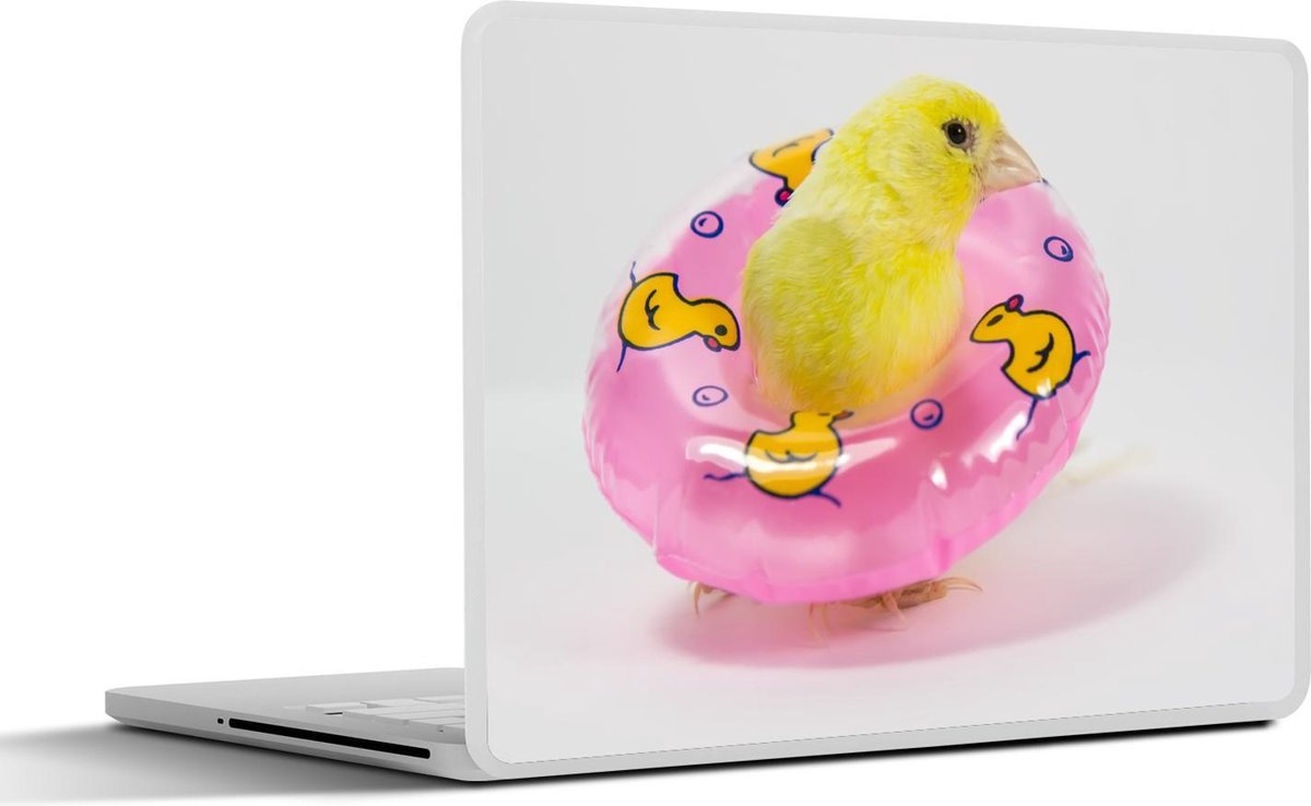 Laptop sticker - 10.1 inch - Een schattige gele kanarie met een roze zwemband om zich