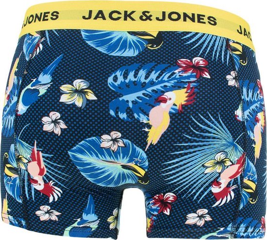 Donkerblauwe boxershorts met tropische print van papegaaien en bladeren. Gele JACK & JONES tailleband.