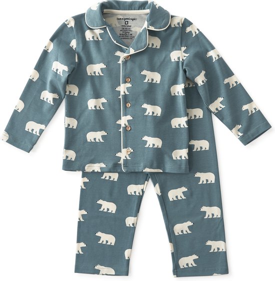 Little Label - Pyjamas Garçons - Ensemble pyjama modèle Grandad - Blauw, Wit - Imprimé ours polaire - Taille 122-128 - Katoen BIO doux