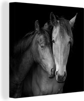 Canvas Schilderij Knuffelende paarden - zwart wit - 20x20 cm - Wanddecoratie