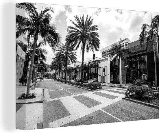 Canvas schilderij 150x100 cm - Wanddecoratie Palmbomen in Rodeo Drive in Beverly Hills in de Verenigde Staten - zwart wit - Muurdecoratie woonkamer - Slaapkamer decoratie - Kamer accessoires - Schilderijen
