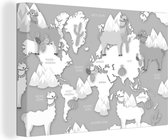Canvas Wereldkaart - 180x120 - Wanddecoratie Alpaca's en bergen op een lichte wereldkaart - zwart wit