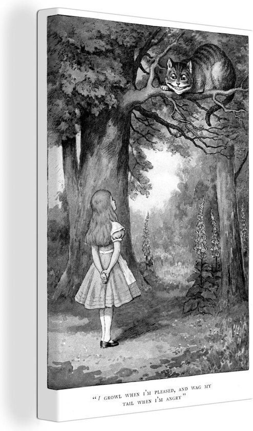 Canvas Schilderij Vintage tekening Alice en de kolderkat - zwart wit - Wanddecoratie