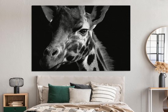 Tableau Toile Girafe sur fond noir - noir et blanc - 150x100 cm - Décoration murale