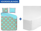 Luxe Dekbedovertrek Eenpersoons - 140x200/220cm - Inclusief 1 Kussensloop - 100% Zacht Percale Katoen - Aqua Yogi + Zachte Katoenen Hoeslaken - 90x200cm - Wit