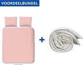 Luxe Dekbedovertrek Eenpersoons - 140x200/220cm - Inclusief 1 Kussensloop - 100% Zacht Katoensatijn - Licht Roze + Wasbaar Microfiber Dekbed - 140x220cm - Wit