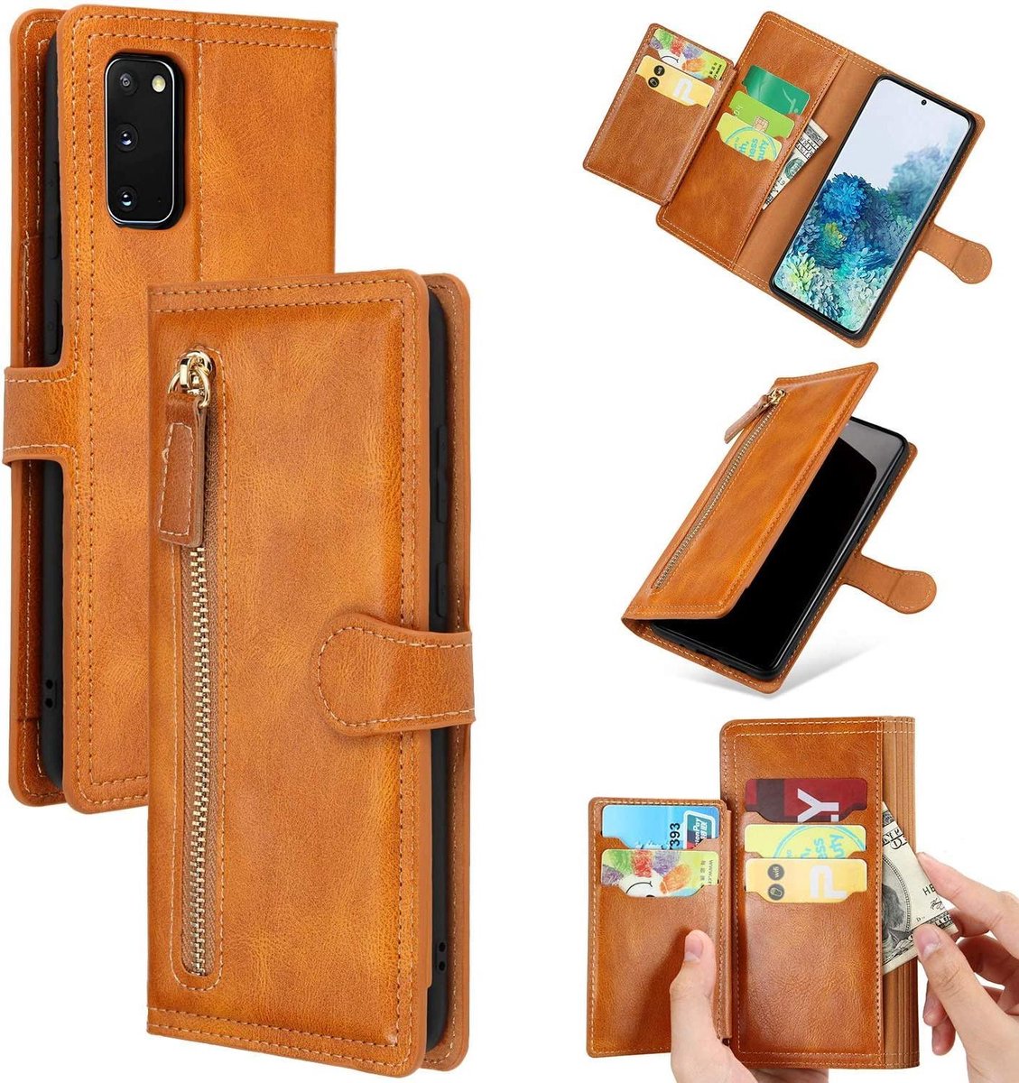 Bookcase Geschikt voor: Samsung Galaxy A51 / A51s met ritssluiting - Flipcover - Magnetisch - 5 kaarten houder - Lichtbruin