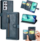 Samsung Galaxy S21 Plus Book case met ritssluiting - Flipcover - Magnetisch - 5 kaarten houder - Donkerblauw