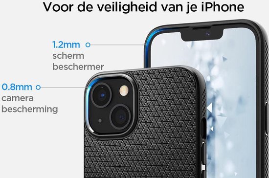 Detailopname van de scherm- en camerabescherming van het Spigen Liquid Air hoesje.
