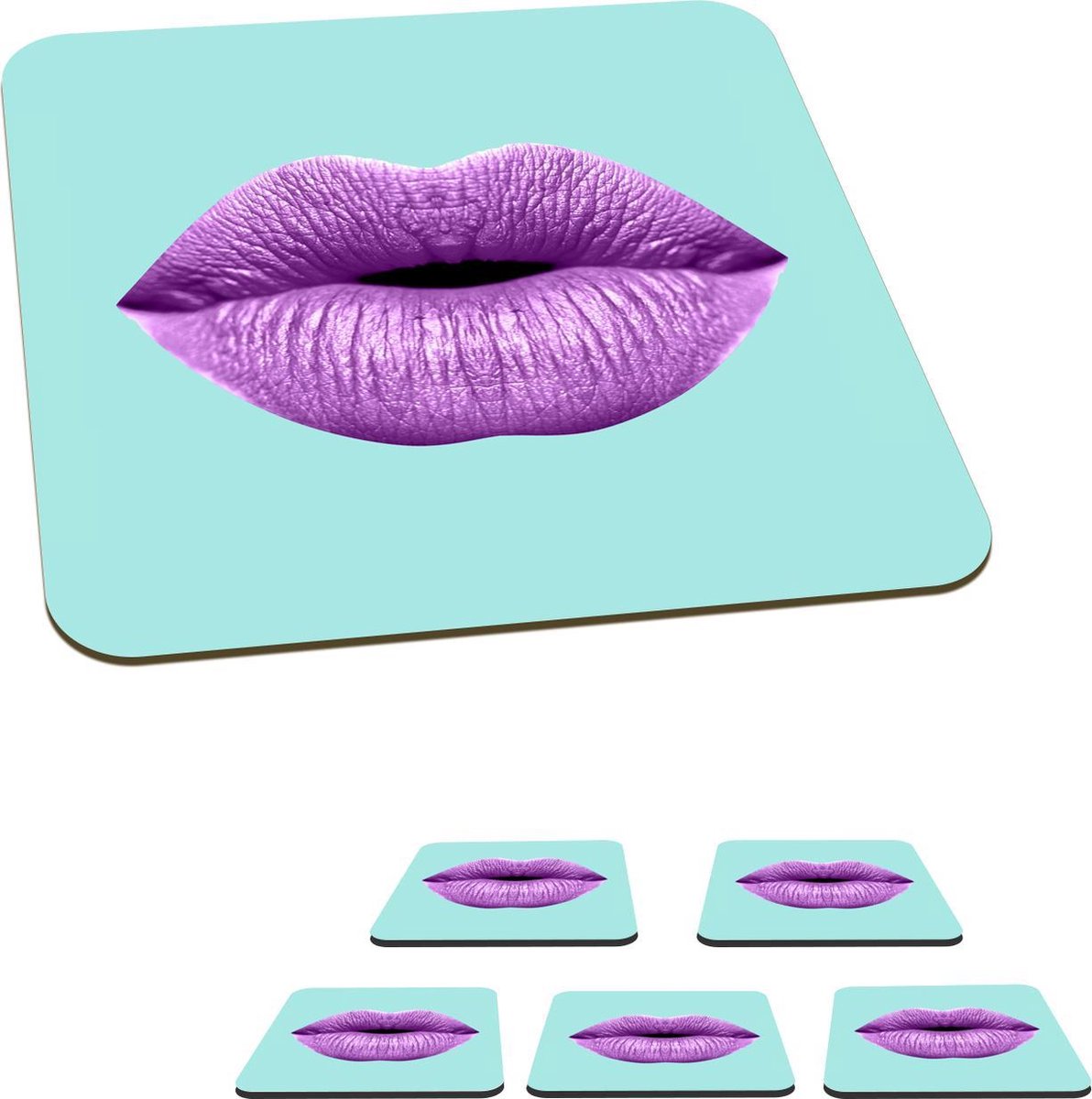 Onderzetters voor glazen - Lippen - Pastel - Paars - 10x10 cm - Glasonderzetters - 6 stuks