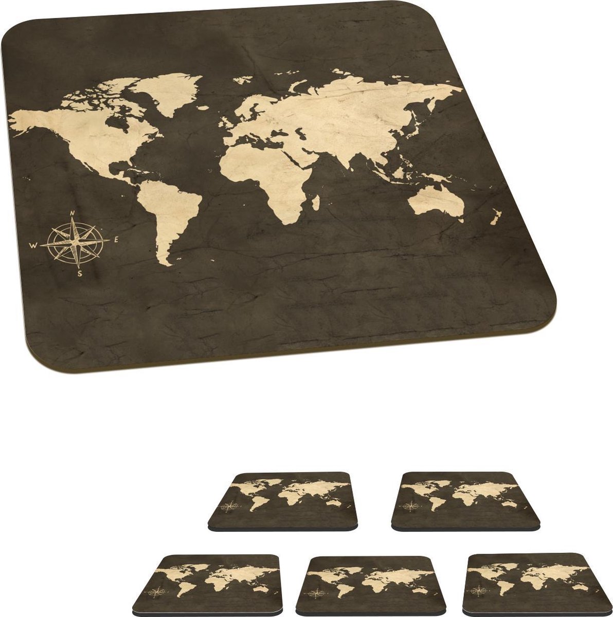 Onderzetters voor glazen - Wereldkaart - Windroos - Wit - 10x10 cm - Glasonderzetters - 6 stuks