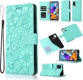 Voor Samsung Galaxy A21s Huid Voelen Reliëf Zonnebloem Horizontale Flip Lederen Case met Houder & Kaartsleuven & Portemonnee & Lanyard (Groen)