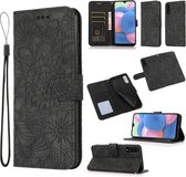 Voor Samsung Galaxy A30s Huid Voelen Reliëf Zonnebloem Horizontale Flip Lederen Case met Houder & Kaartsleuven & Portemonnee & Lanyard (Zwart)