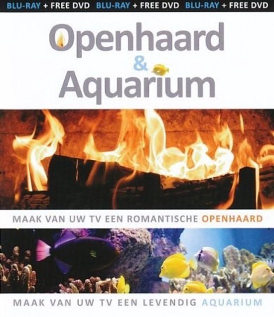 Omslag met een brandende open haard en een aquarium met vissen. "Openhaard & Aquarium" is te lezen.