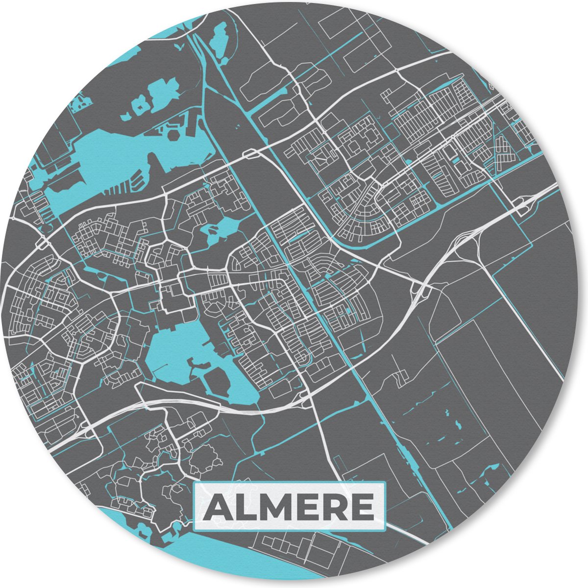 Muismat rond 30x30 cm - Mousepad Stadskaart - Almere - Grijs - Blauw - Ronde muismatten