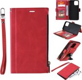 Voor Samsung Galaxy A22 5G Side Zipper Back Card Horizontale Flip PU Leather Case met Kaartsleuven & Portemonnee & Fotolijst & Lanyard (Rood)