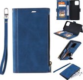 Voor Samsung Galaxy A22 5G Zijrits Terug Kaart Horizontale Flip PU Lederen Case met Kaartsleuven & Portemonnee & Fotolijst & Lanyard (Blauw)