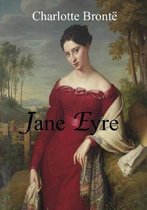 Couverture du livre Jane Eyre avec Charlotte Brontë écrit en lettres blanches. Une femme en robe rouge avec une écharpe.