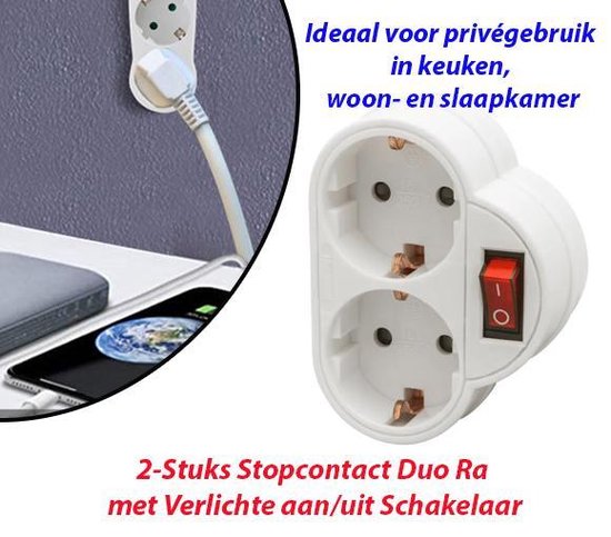 2-Stuks Stopcontact Duo Ra met Verlichte aan/uit Schakelaar