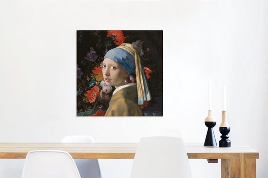 Canvas schilderij 50x50 cm - Wanddecoratie Meisje met de parel - Vermeer - Bloemen - Muurdecoratie woonkamer - Slaapkamer decoratie - Kamer accessoires - Schilderijen op canvas