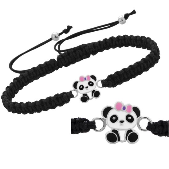 Armband meisje | Katoenen armbandje, panda met roze strik