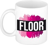 Floor  naam cadeau mok / beker met roze verfstrepen - Cadeau collega/ moederdag/ verjaardag of als persoonlijke mok werknemers