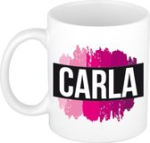 Carla  naam cadeau mok / beker met roze verfstrepen - Cadeau collega/ moederdag/ verjaardag of als persoonlijke mok werknemers