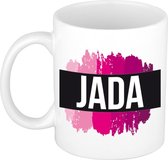 Jada  naam cadeau mok / beker met roze verfstrepen - Cadeau collega/ moederdag/ verjaardag of als persoonlijke mok werknemers