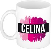 Celina  naam cadeau mok / beker met roze verfstrepen - Cadeau collega/ moederdag/ verjaardag of als persoonlijke mok werknemers