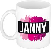 Janny  naam cadeau mok / beker met roze verfstrepen - Cadeau collega/ moederdag/ verjaardag of als persoonlijke mok werknemers