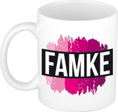 Famke  naam cadeau mok / beker met roze verfstrepen - Cadeau collega/ moederdag/ verjaardag of als persoonlijke mok werknemers