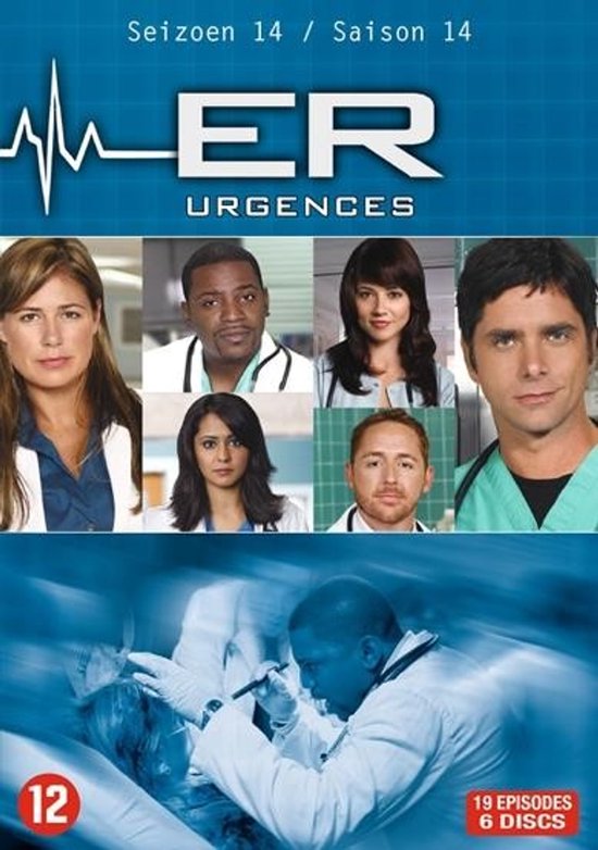 Poster met de cast van ER, Seizoen 14. Bovenaan de titel E.R. URGENCE.