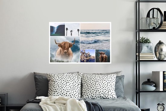 Muurstickers - Sticker Folie - Schotse Hooglander - Collage - Waterval - Palmboom - 90x60 cm - Plakfolie - Muurstickers Kinderkamer - Zelfklevend Behang - Zelfklevend behangpapier - Stickerfolie