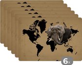 Placemat - Placemats kunststof - Wereldkaart - Zwart - Olifant - 45x30 cm - 6 stuks - Hittebestendig - Anti-Slip - Onderlegger - Afneembaar