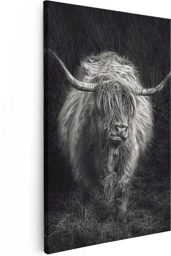 Artaza Canvas Schilderij Schotse Hooglander Koe - Zwart Wit - 40x60 - Poster Foto op Canvas - Canvas Print