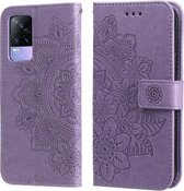 Voor vivo V21e 7-bloemblaadje Bloemen Embossingpatroon Horizontale Flip PU-lederen hoes met houder & kaartsleuven & portemonnee & fotolijst (lichtpaars)