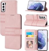 Voor Samsung Galaxy S21 5G Reliëf Gestreepte Magnetische Gesp PU + TPU Horizontale Flip Lederen Case met Houder & Kaartsleuf & Portemonnee & Fotolijst & Sling (Roze)