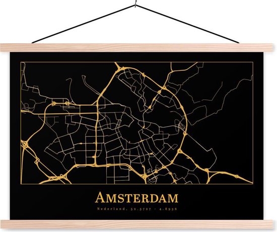 Porte-affiche avec affiche - Affiche scolaire - Carte - Amsterdam - Or - Zwart - 150x100 cm - lattes vierges