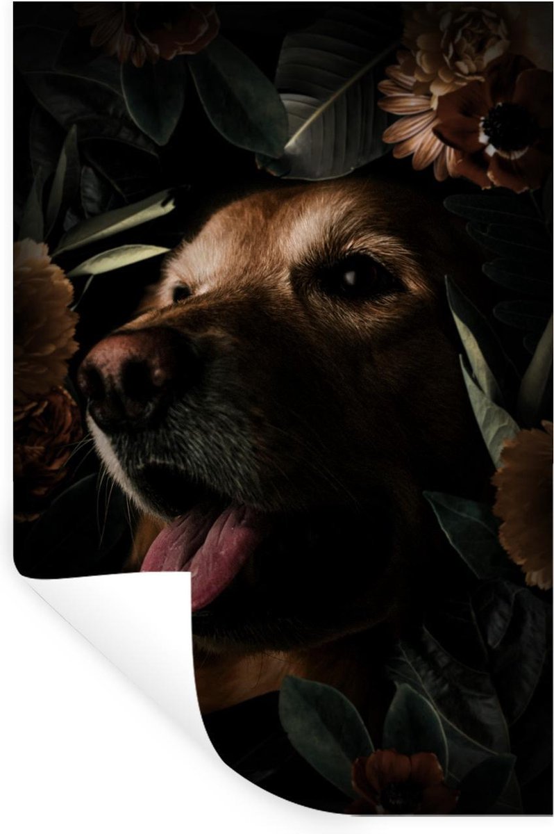 Muurstickers - Sticker Folie - Hond - Bloemen - Planten - 20x30 cm - Plakfolie - Muurstick