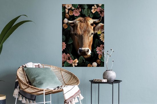 Muurstickers - Sticker Folie - Koe - Dieren - Bloemen - 40x60 cm - Plakfolie - Muurstickers Kinderkamer - Zelfklevend Behang - Zelfklevend behangpapier - Stickerfolie