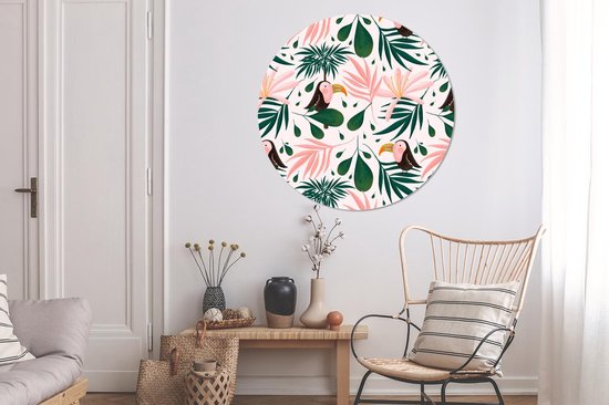 WallCircle - Cercle Mural - Cercle Mural - Toucan - Feuilles - Rose - Aluminium - Dibond - 120x120 cm - Intérieur et Extérieur XXL