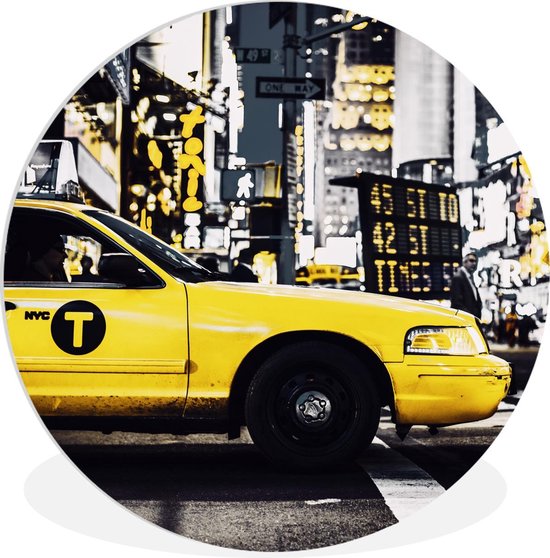 WallCircle - Wandcirkel ⌀ 30 - New York - Geel - Taxi - Ronde schilderijen woonkamer - Wandbord rond - Muurdecoratie cirkel - Kamer decoratie binnen - Wanddecoratie muurcirkel - Woonaccessoires