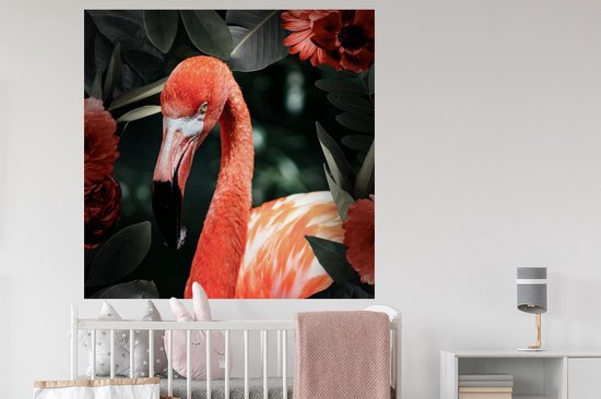 Stickers muraux - Film autocollant - Flamingo - Fleurs - Feuilles - Ressorts - 120x120 cm - Film adhésif - Stickers muraux Chambre d'enfant - Papier peint autocollant XXL