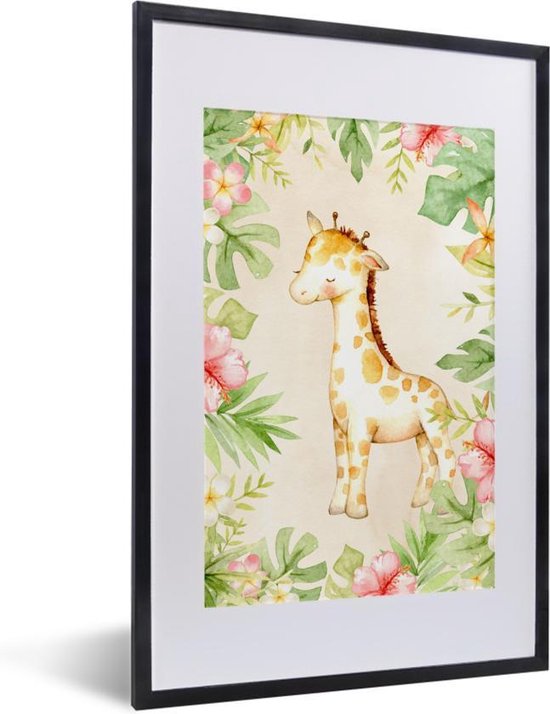 Fotolijst incl. Poster - Giraffe - Waterverf - Bloemen - 40x60 cm - Posterlijst