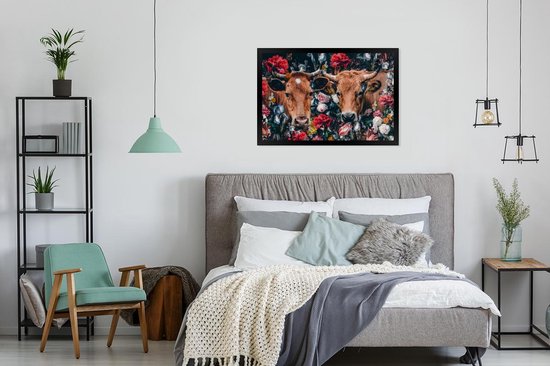 Fotolijst incl. Poster - Koe - Bloemen - Dieren - Portret - 90x60 cm - Posterlijst